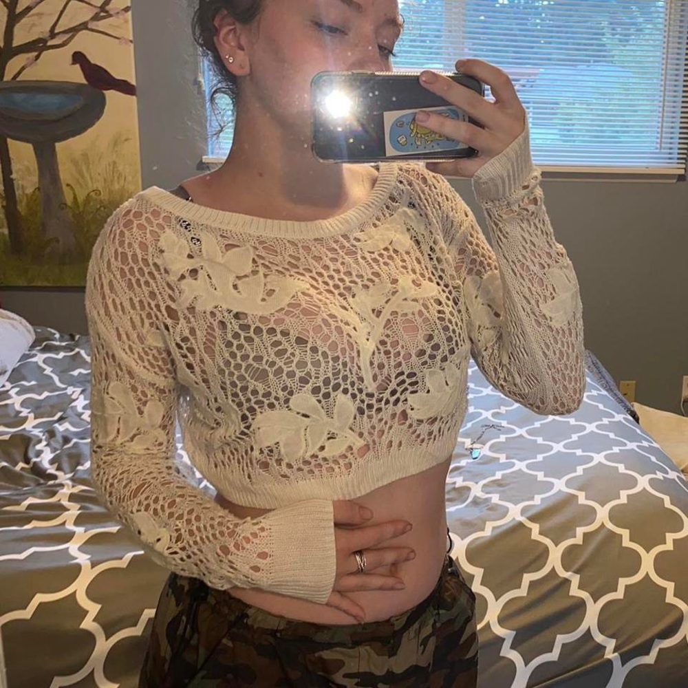 White floral lace cropped sweater sheer fishnet crop top